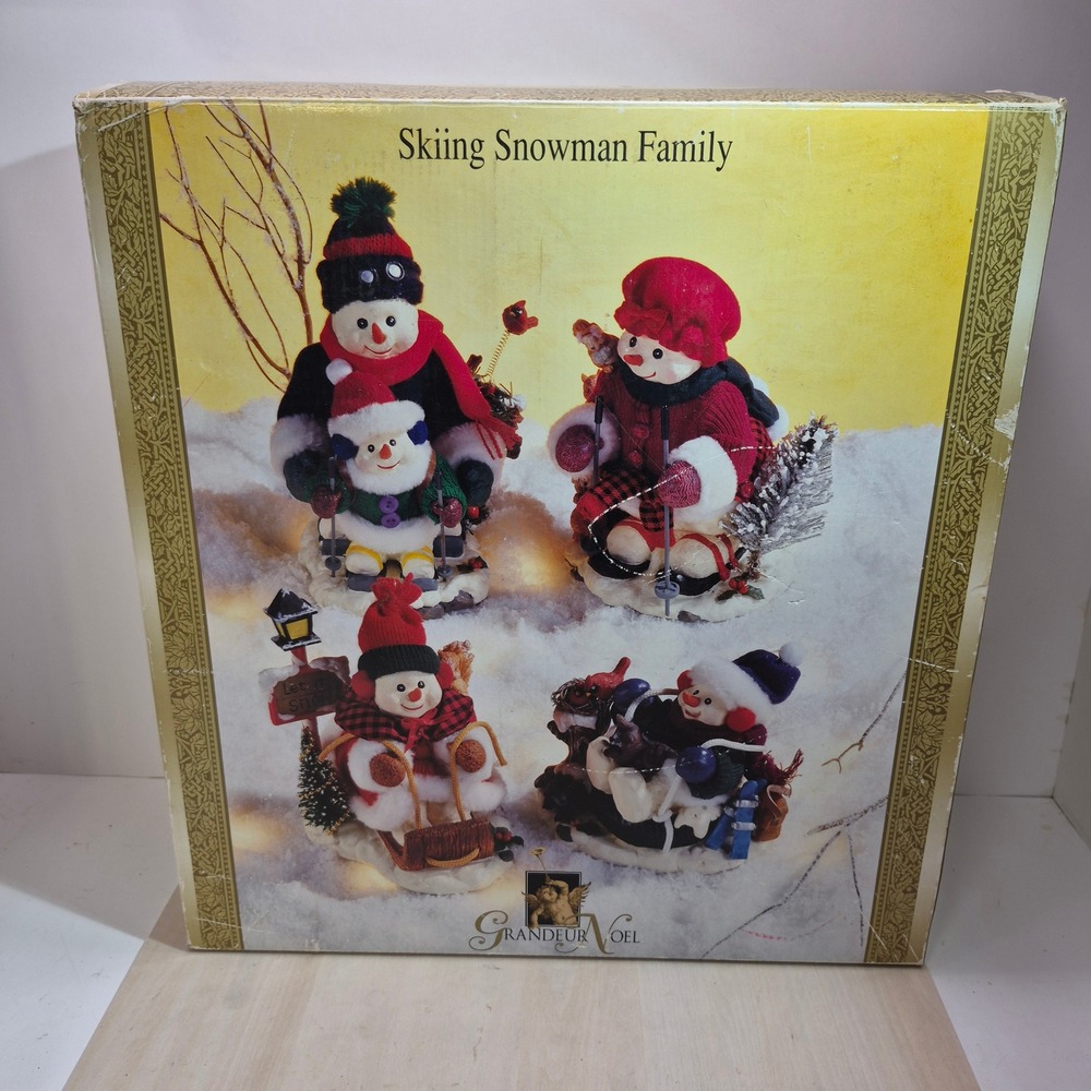 Grandeur Noel Skiing Snowman Family 4 Piece Figurine Set Christmas Decor Boxed